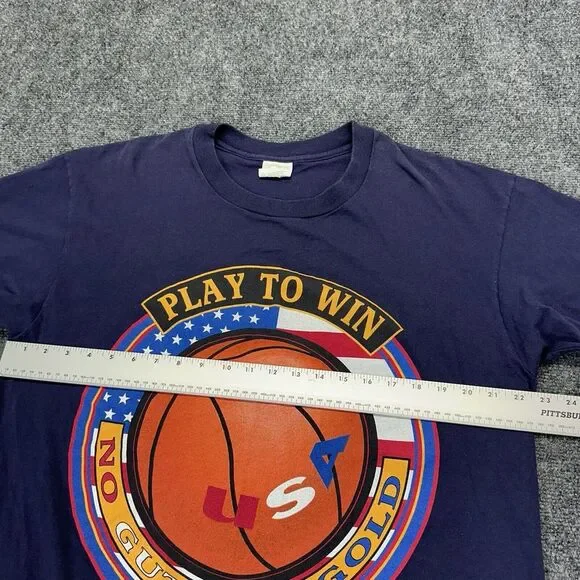 Vintage 90s College Ware Basketball T Shirt Men L Navy Single Stitch Made In USA - Picture 9 of 11